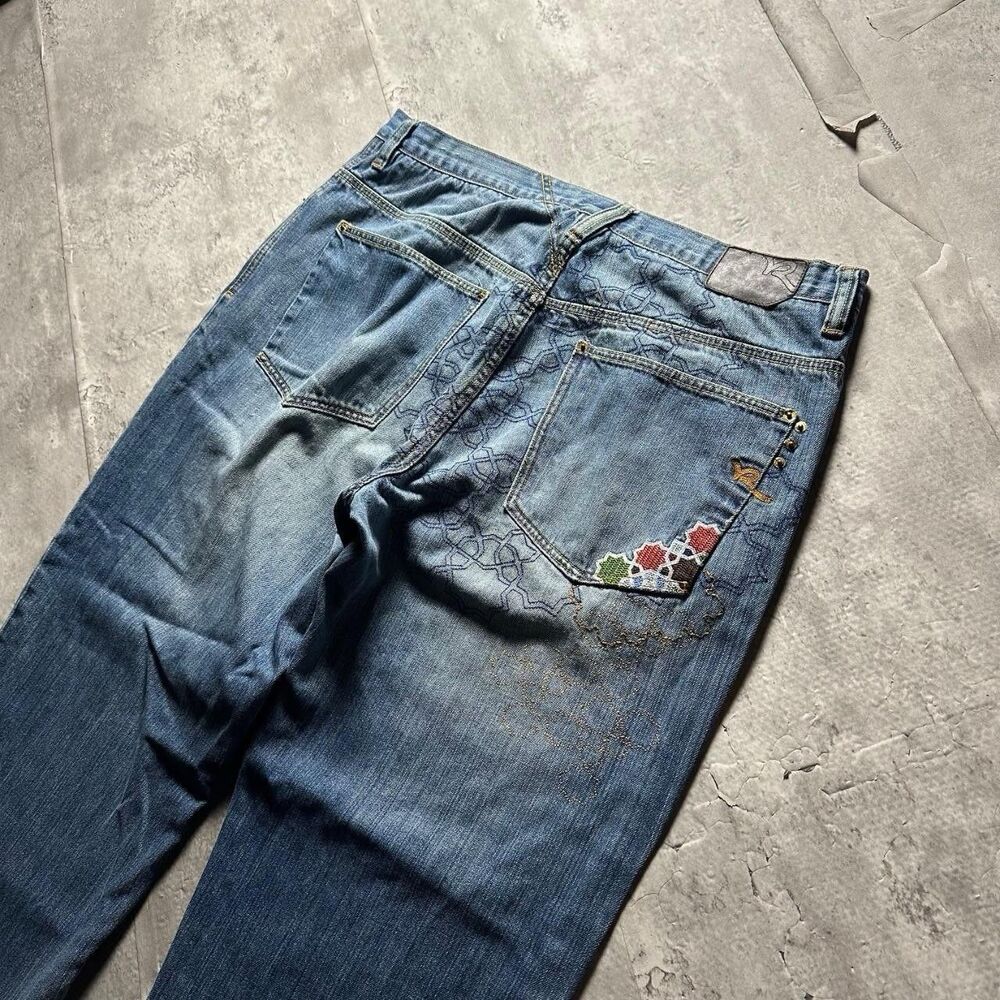 Y2K Baggy Rocawear Blue Denim Embroidered Jeans size 40x32